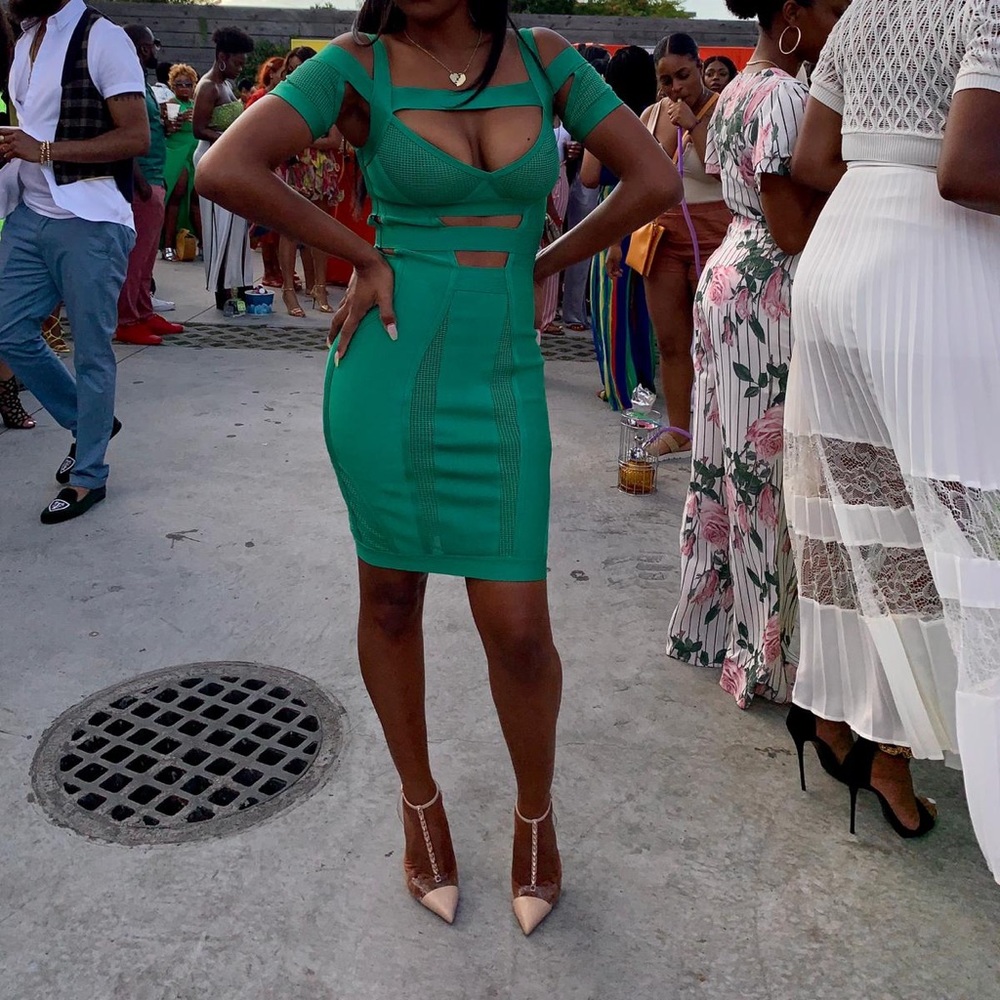 Caltina Teal Bandage and mesh dress with bard